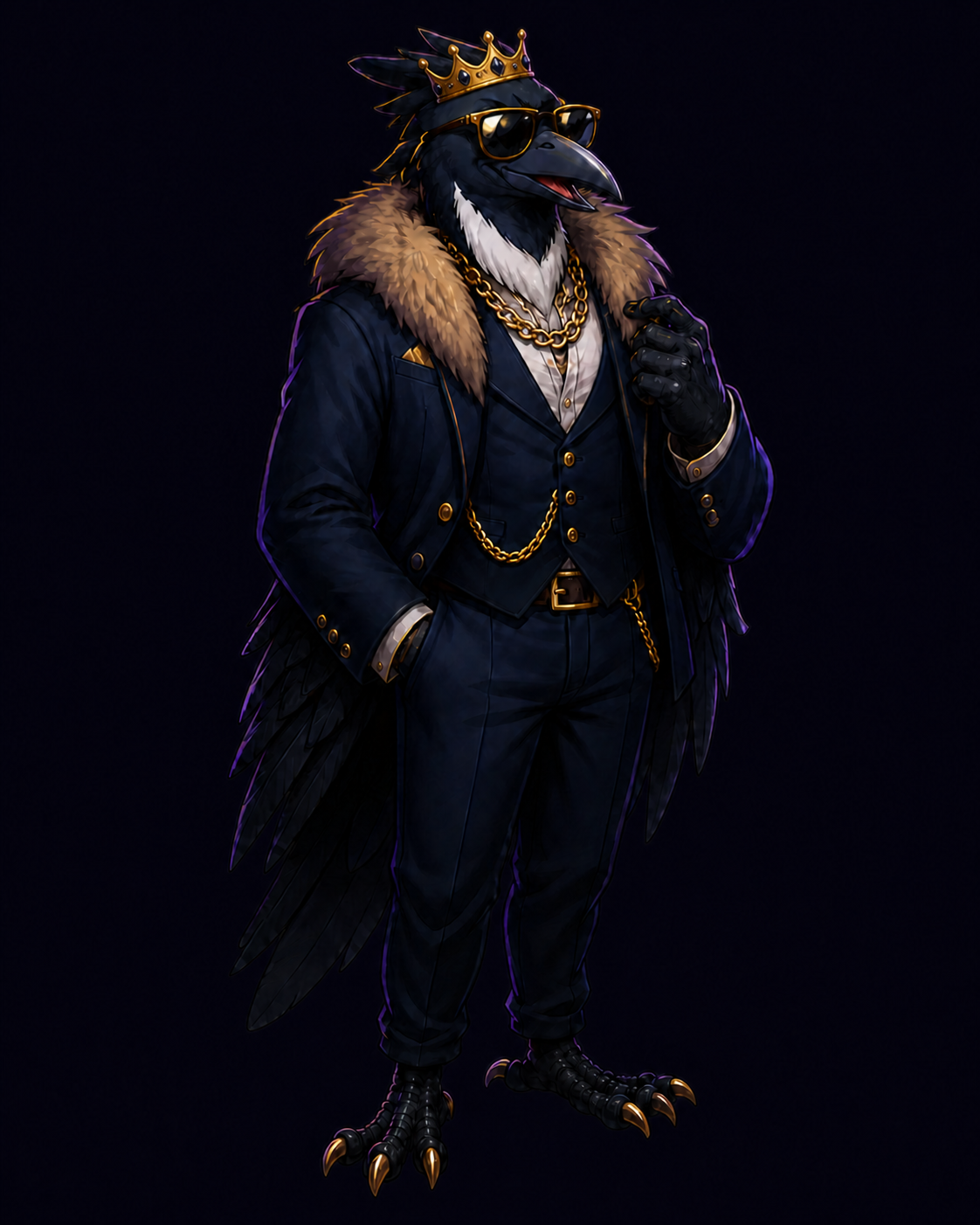 Sly, a sharp-dressed raven wearing sunglasses